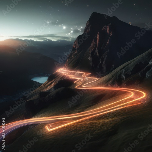 Light trails around a mountain road created with Generative AI