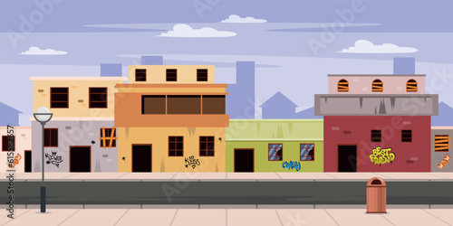 Vector illustration of a poor district of the city. Cartoon scene of a cityscape with houses, whole and boarded up, broken windows, walls, with graffiti, a road, a bench, a garbage can, a lamp post.