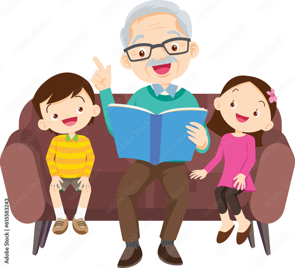 cute family sitting on sofa reading book together