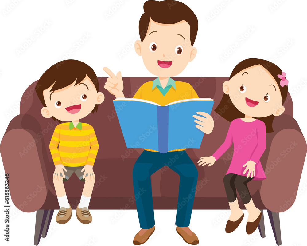 cute family sitting on sofa reading book together cute family sitting on sofa reading book together