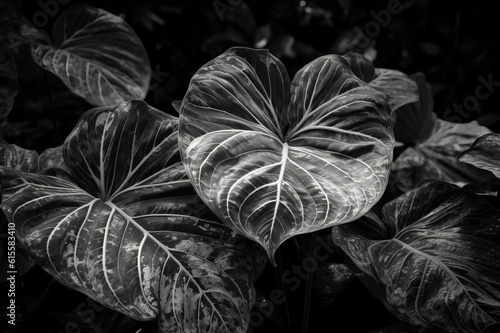 Closeup nature view of leaf and palms background. Flat lay, dark nature concept, tropical leaf, black and white picture. Generated using AI tools