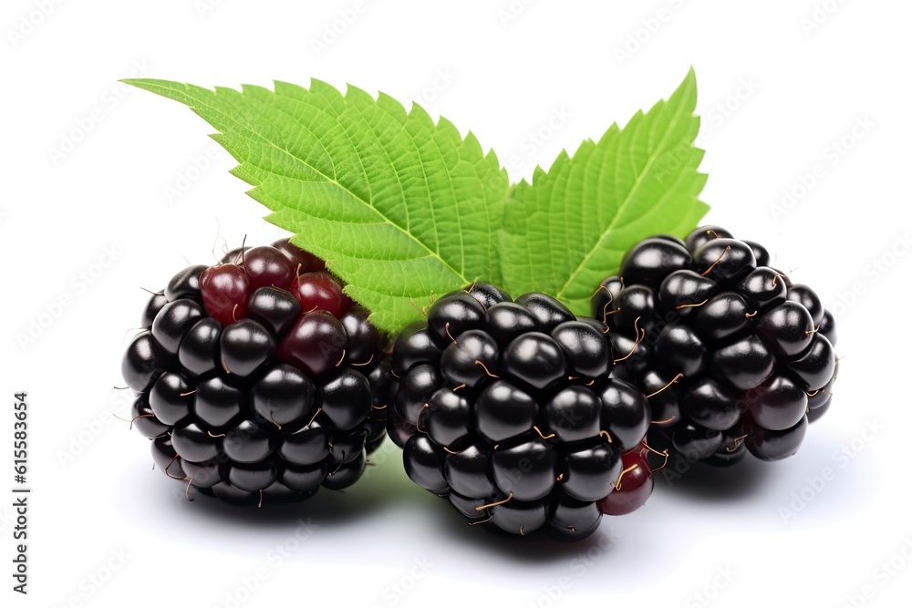 Illustration of two blackberries and a green leaf on a white background created with Generative AI technology Illustration of two blackberries and a green leaf on a white background created with Generative AI technology