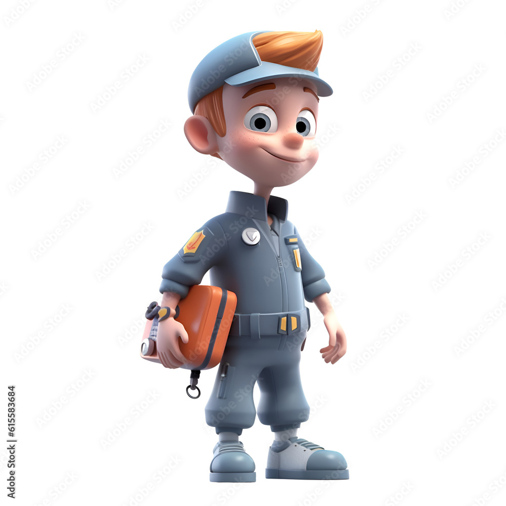 3D illustration of a cartoon character with a police uniform and bag