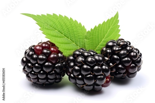 Illustration of two blackberries and a green leaf on a white background created with Generative AI technology