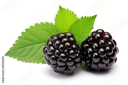 Illustration of two ripe blackberries with fresh green leaves on a white background created with Generative AI technology