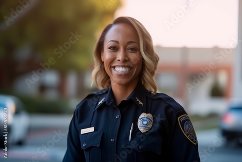 Murais de parede Portrait of happy female police officer smiling at camera while standing outdoor