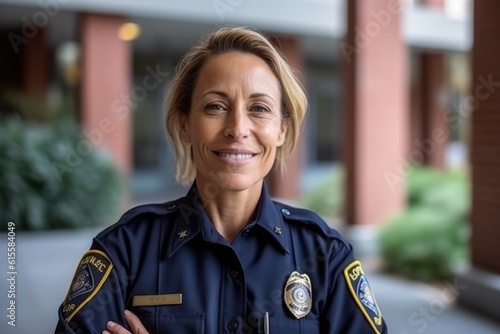 Portrait of mature female police officer standing in front of office building photo