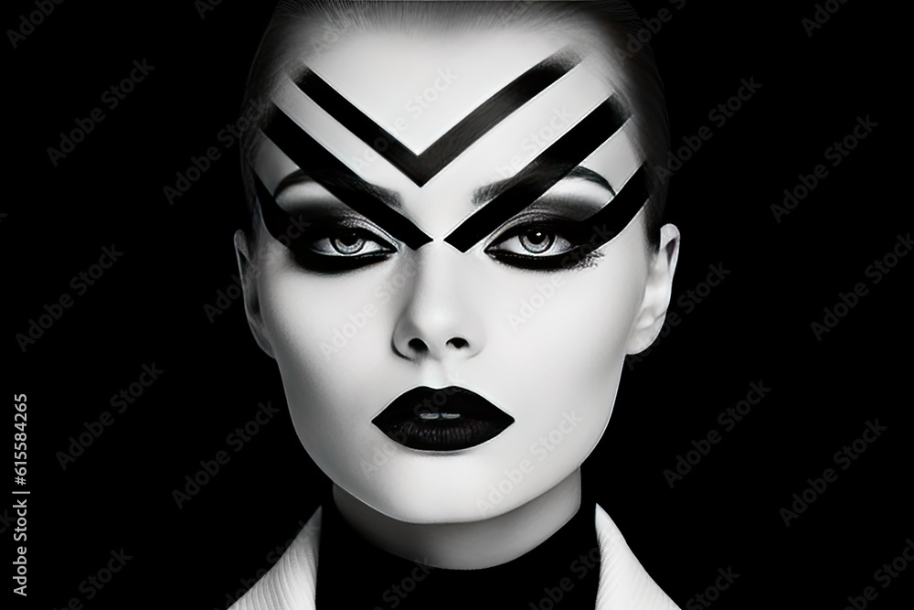 a woman with black and white make - up on her face, she is looking at the camera to the right a woman with black and white make - up on her face, she is looking at the camera to the right