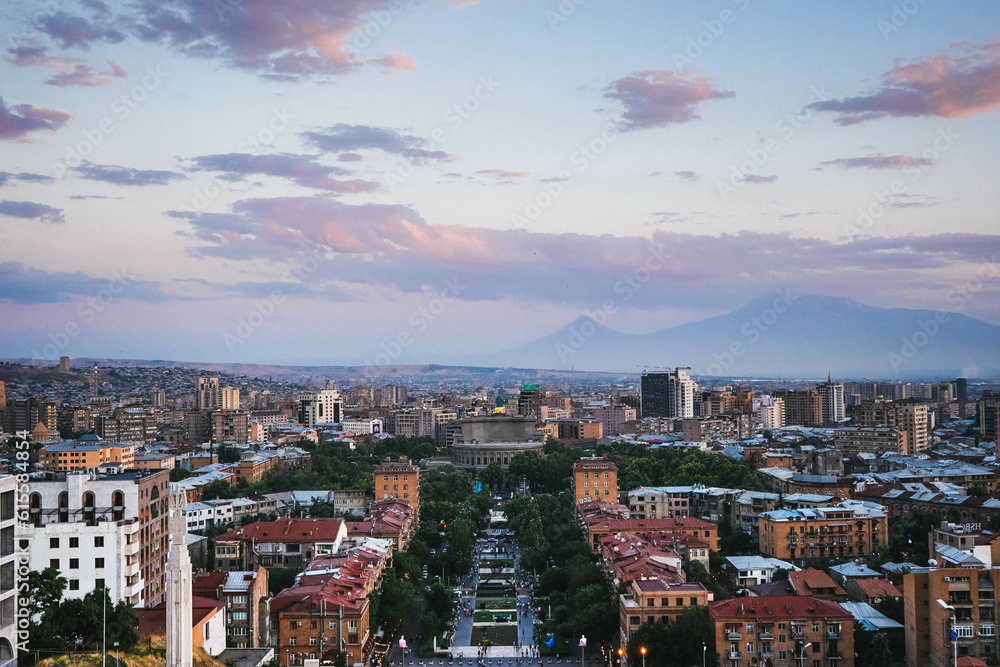 Yerevan City Central View Cityscape From The Main Cascade Square At The Sunset