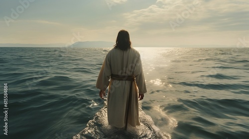 jesus de dos marchant sur l'eau, généré par IA photo