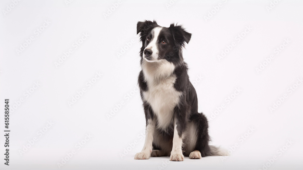 Border Collie Dog sitting on its own with a white plain background Border Collie Dog sitting on its own with a white plain background