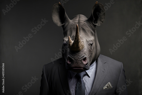 Portrait of a rhinoceros dressed in a formal business suit. Ai generated 