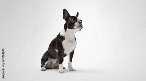 Boston Terrier Dog sitting on its own with a white plain background © Platysmo