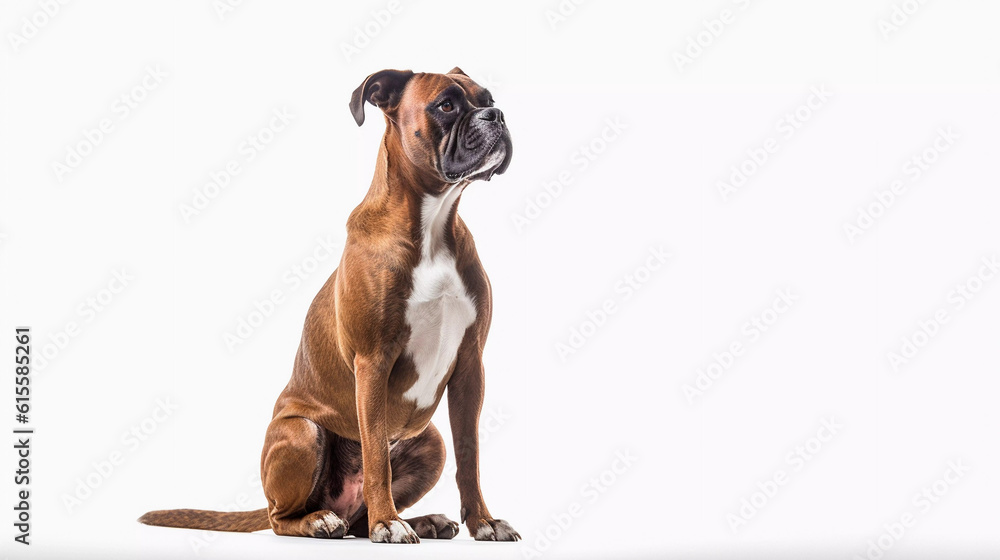 Boxer Dog sitting on its own with a white plain background Stock