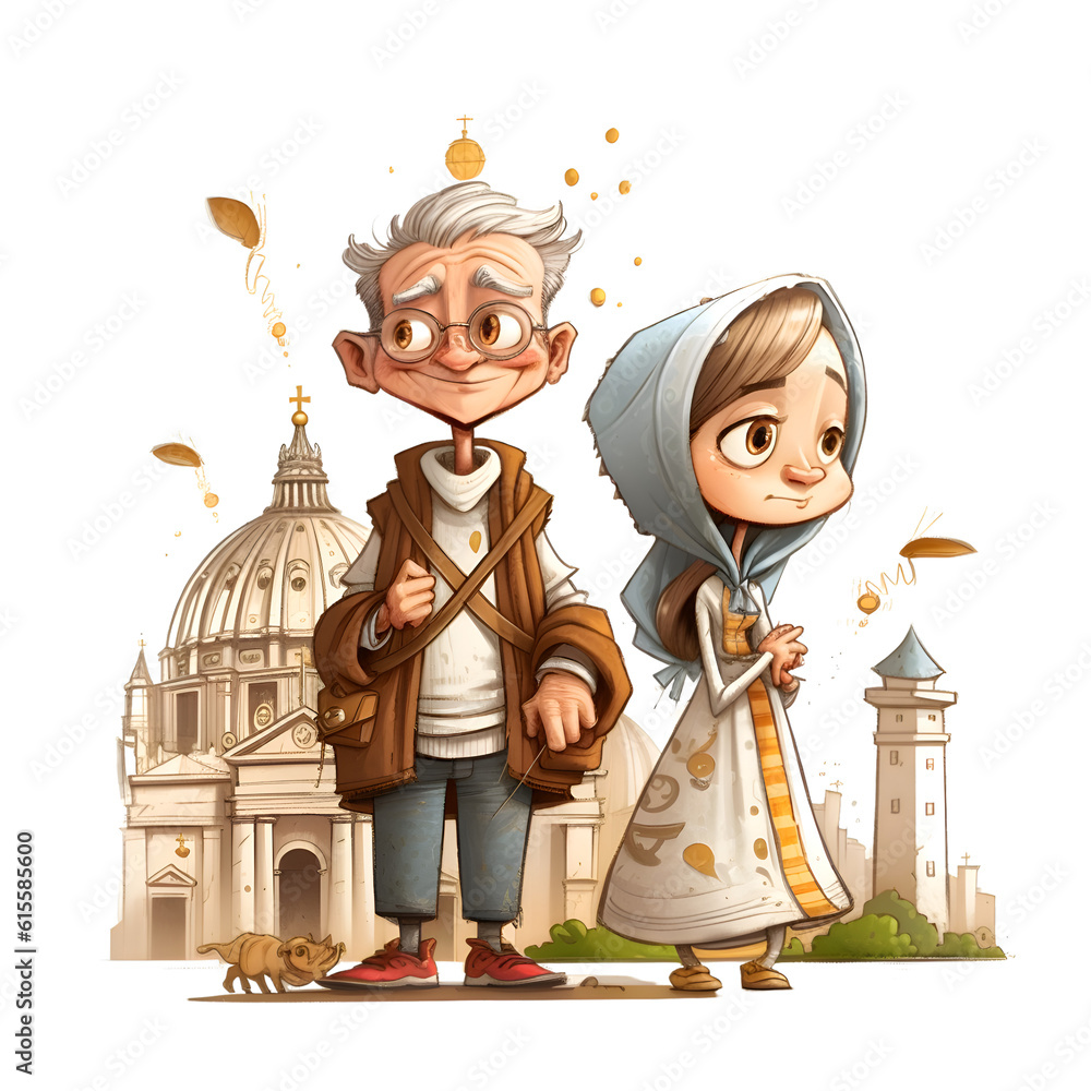 Little girl and old man in traditional clothes standing in front of St. Peter's Basilica. Vector illustration.