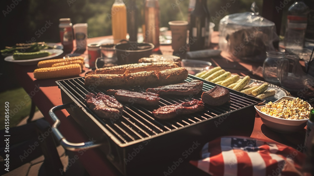 close up of family and friends barbecue table for celebration of 4th july