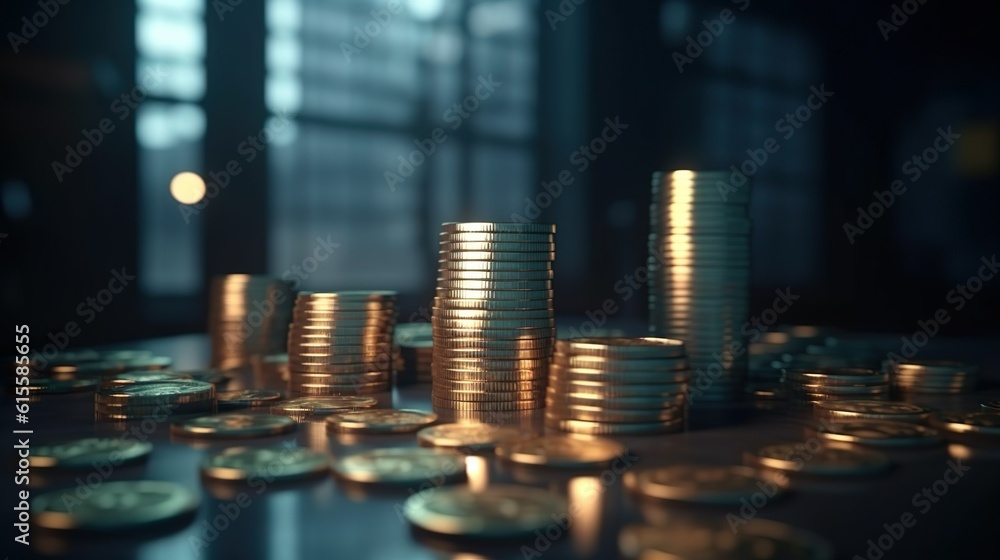 Stack of metal euro coins with golden shining in the bank financial treasure money storage on the dark background - obrazy, fototapety, plakaty 