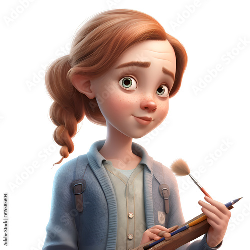 Foto 3d rendering of a little girl artist with a paintbrush and a palette