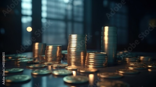 Stack of metal euro coins with golden shining in the bank financial treasure money storage on the dark background photo