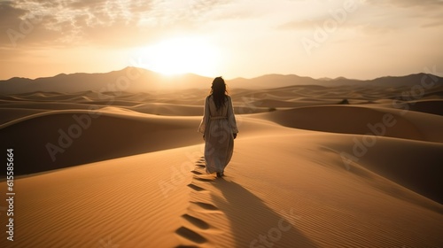 silhouette of beautiful arabic woman walking on the sand dunes in desert in the unset photo