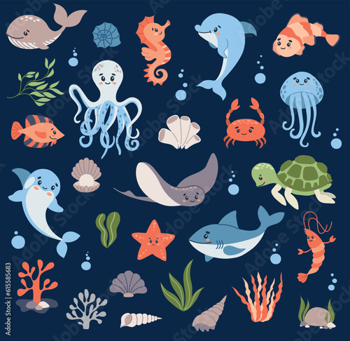 Set of underwater animals - octopus whale turtle dolphin jellyfish crab shrimp seahorse stingray shark sea-plants and corals. Cute background with cartoon characters. Vector illustration