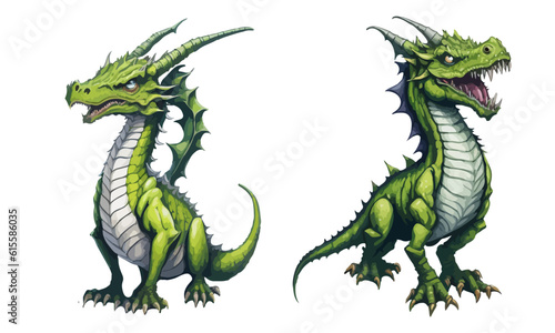 Green realistic dragon vector set. Magic dragon with wings painted in watercolor. Symbol of the new year.