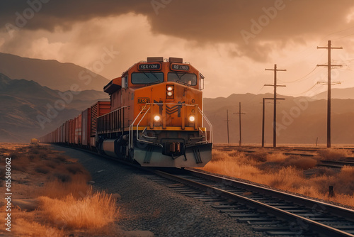 Freight train, transportation of railway cars by cargo containers shipping. Railway logistics concept