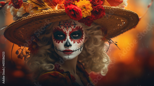 Day of the dead mexican carnival known as Day of the Dead with maxican girl portrait wearing carnival mask of the day of the dead photo