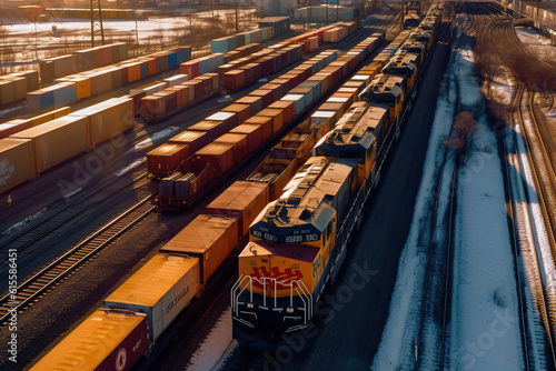 Freight train, transportation of railway cars by cargo containers shipping. Railway logistics concept