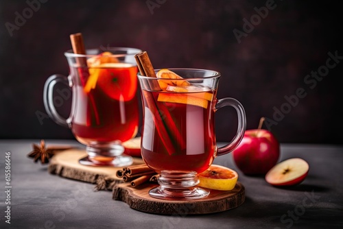 Illustration of two glasses filled with apple cider, cinnamon sticks, and apple slices on the side