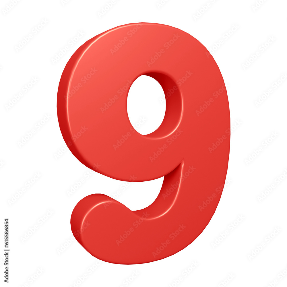 Red number 9 in 3d rendering for math, business and education concept Red number 9 in 3d rendering for math, business and education concept