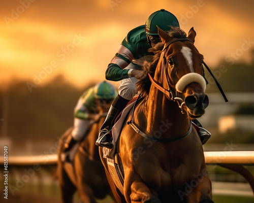 jockey during horse races on their horse going towards finish line. Traditional European sport.