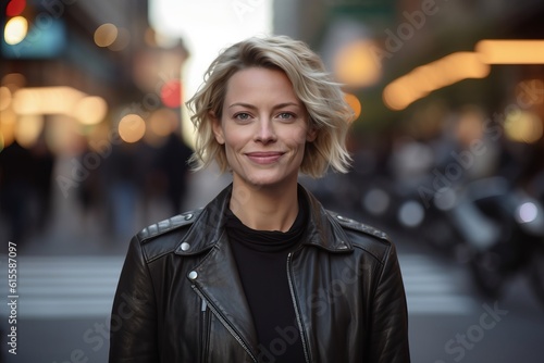 Portrait of a beautiful blonde woman in a black leather jacket on a city street