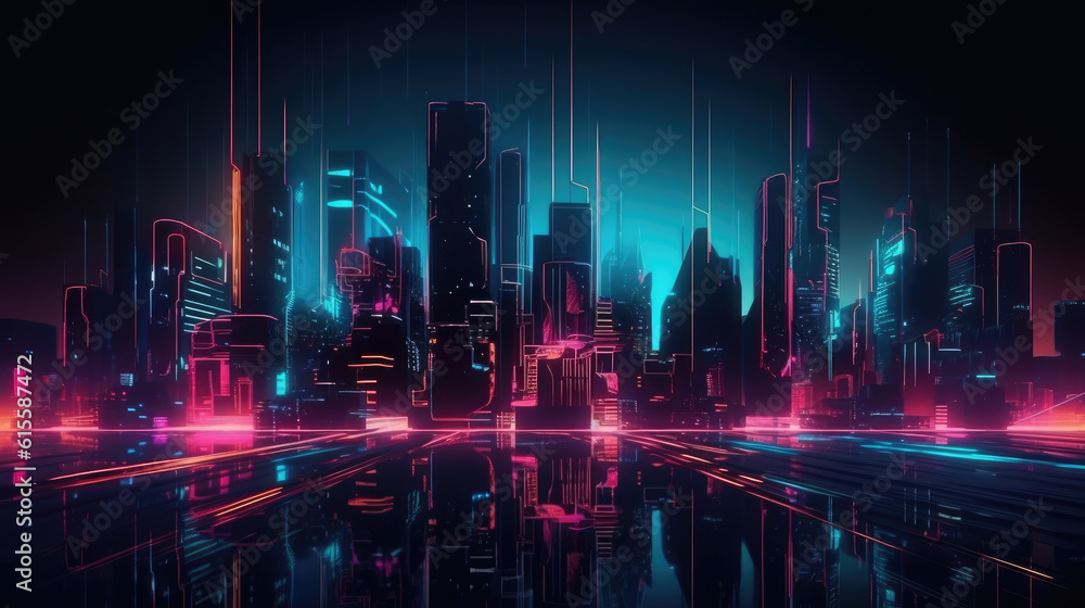 Abstract urban background with glowing neon light, virtual reality cyber space.