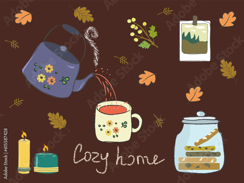 Cozy illustration, Comfort and warmth, tea drinking, time to drink tea in the fall, twice for comfort, cookies in a jar, tea time.