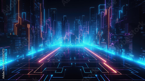 Abstract urban background with glowing neon light, virtual reality cyber space.