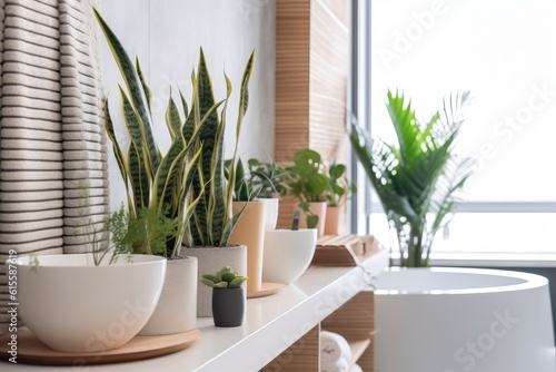 Illustration of potted plants arranged on a white shelf