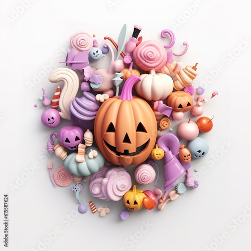 Halloween background  set of pumpkins and sweets  candies. Postcard for party and sale. Autumn vacation