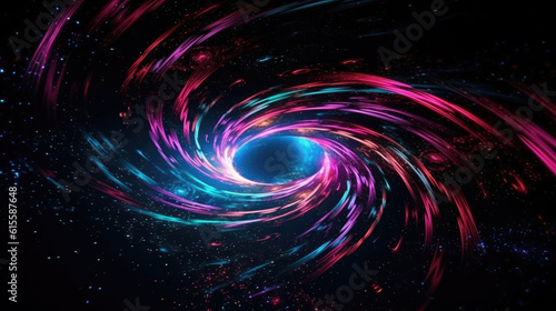 Abstract cosmic background with galaxy and stars. Round vortex. Pink blue neon lines spinning around the black hole.