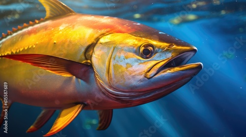 Yellowfin Tuna Fish Swimming Just Below the Surface of a Sun-Dappled, Aqua-Colored Ocean