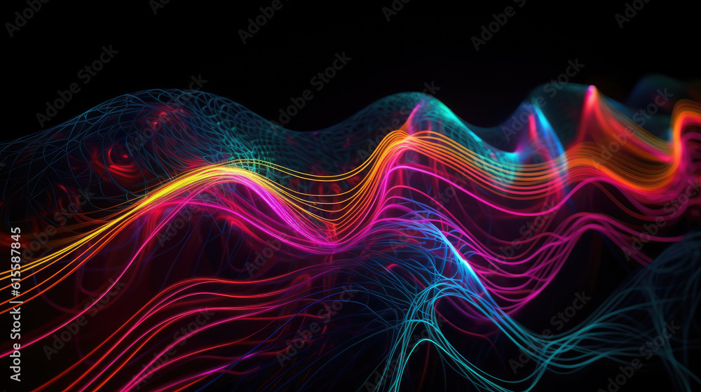 Obraz premium Digital wallpaper, abstract neon background, pink blue yellow colorful glowing lines.