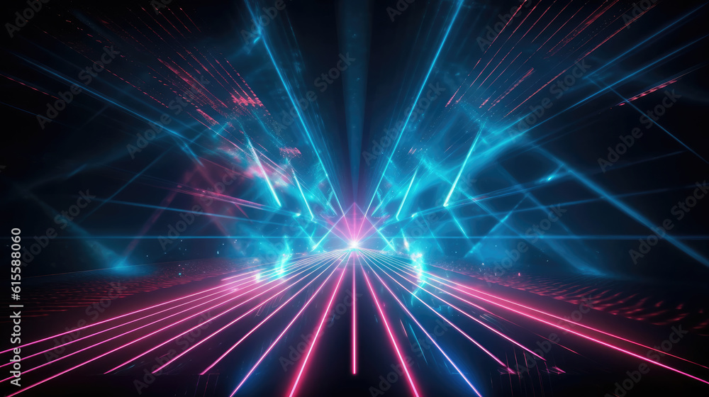 Digital illustration. Abstract neon background. Bright projector shining on the dark empty stage, glowing pink blue laser rays in the dark. Digital illustration. Abstract neon background. Bright projector shining on the dark empty stage, glowing pink blue laser rays in the dark.