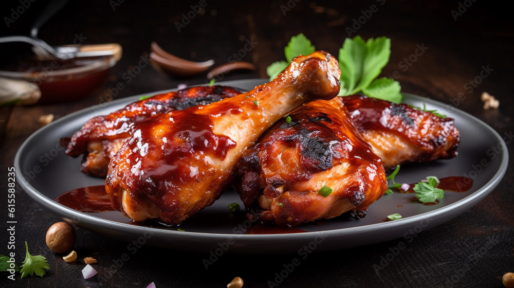 A plate of juicy grilled chicken drumsticks, marinated in a spicy barbecue sauce A plate of juicy grilled chicken drumsticks, marinated in a spicy barbecue sauce