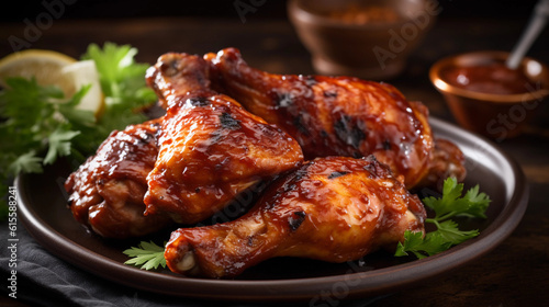Fototapeta A plate of juicy grilled chicken drumsticks, marinated in a spicy barbecue sauce