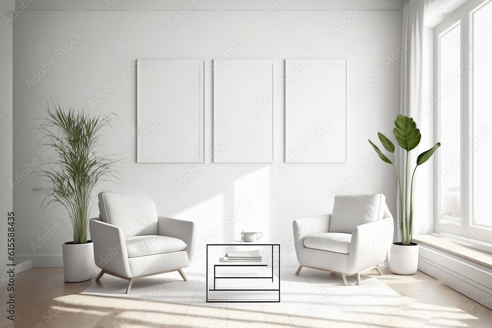 Fototapeta premium Three white empty frame hang above the sofa on the white wall of the living room
