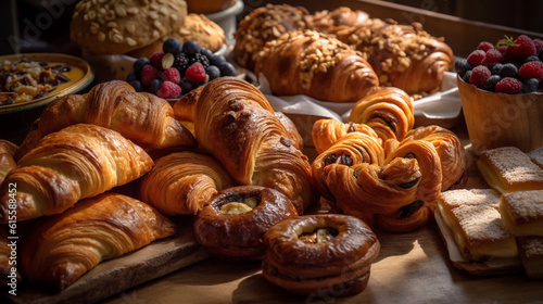 Fotografia An assortment of freshly baked pastries, including croissants, cinnamon rolls, a