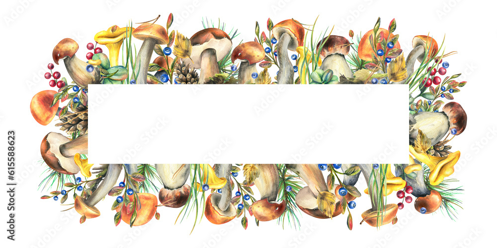 Fototapeta premium Forest mushrooms, boletus, chanterelles and blueberries, lingonberries, twigs, cones, leaves. Watercolor illustration, hand drawn frame, template on a white background