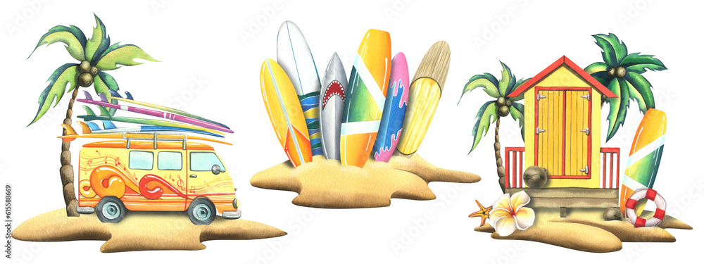 A yellow van with surfboards and beach cabin on a sandy island with a coconut palm. Watercolor illustration hand drawn. Isolated compositions on a white background. A yellow van with surfboards and beach cabin on a sandy island with a coconut palm. Watercolor illustration hand drawn. Isolated compositions on a white background.