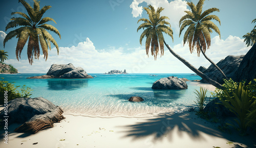 Tropical island sea beach scene palm trees wallpaper AI Generated image