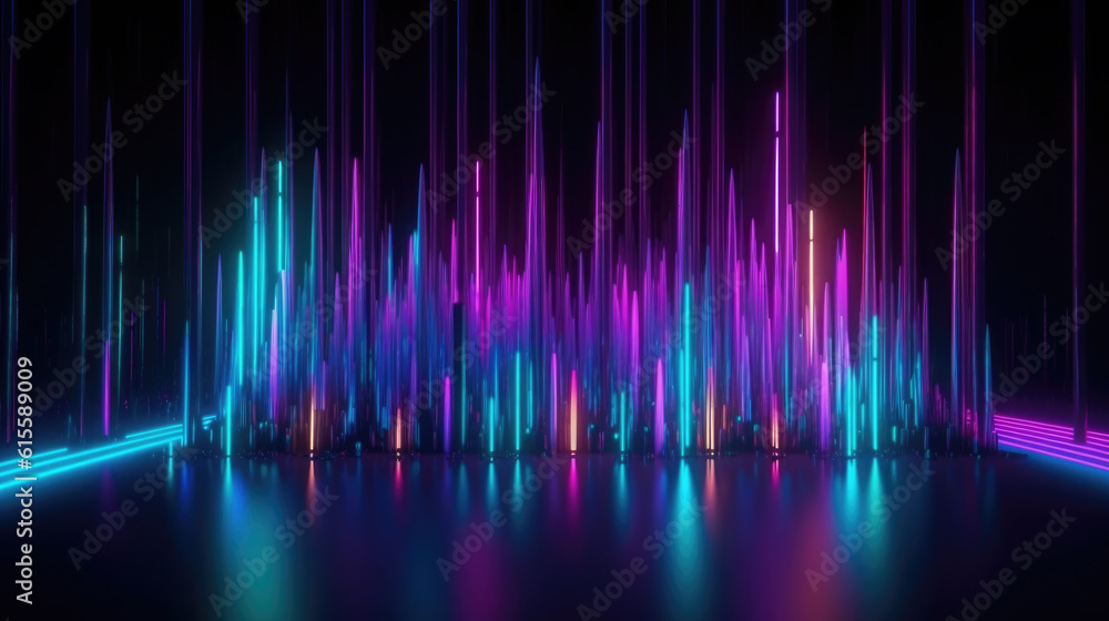 Abstract scientific background with fluorescent vertical lines glowing in ultraviolet light. 